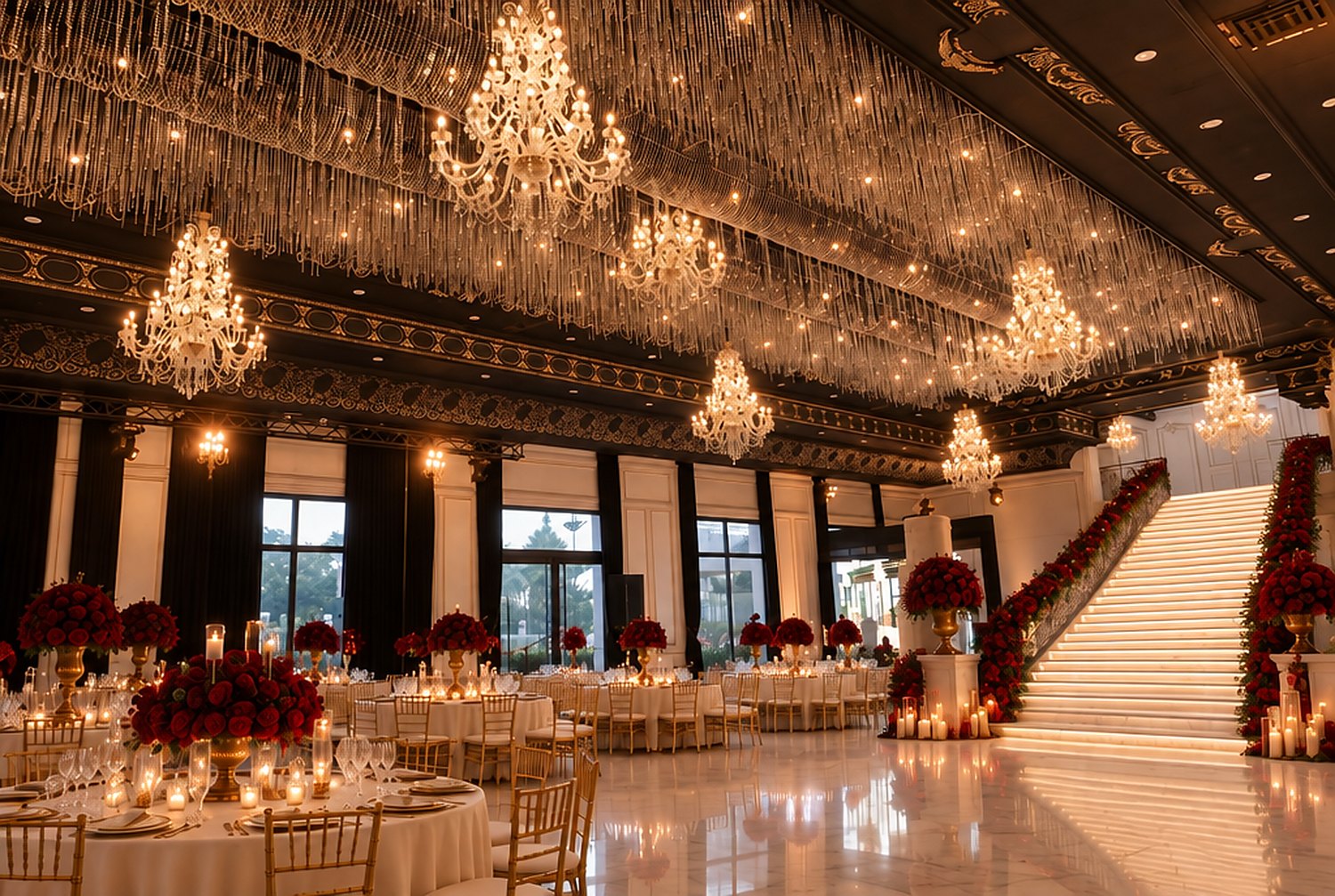 La Salle Élégance parée de sa décoration florale rouge
